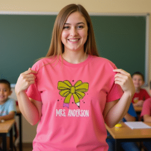A teacher wearing a pink Pencil-Bow shirt with her name printed on the bottom.