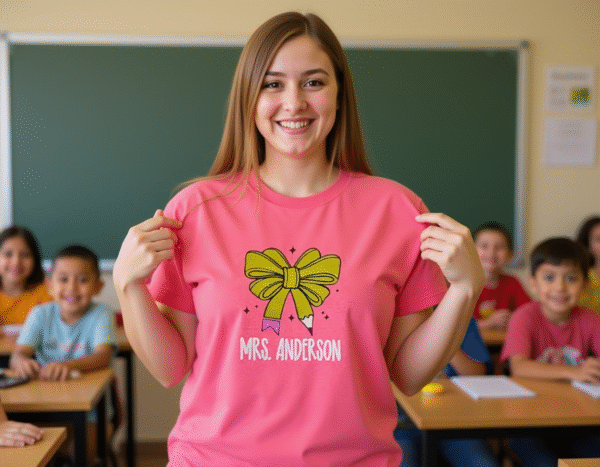 A teacher wearing a pink Pencil-Bow shirt with her name printed on the bottom.
