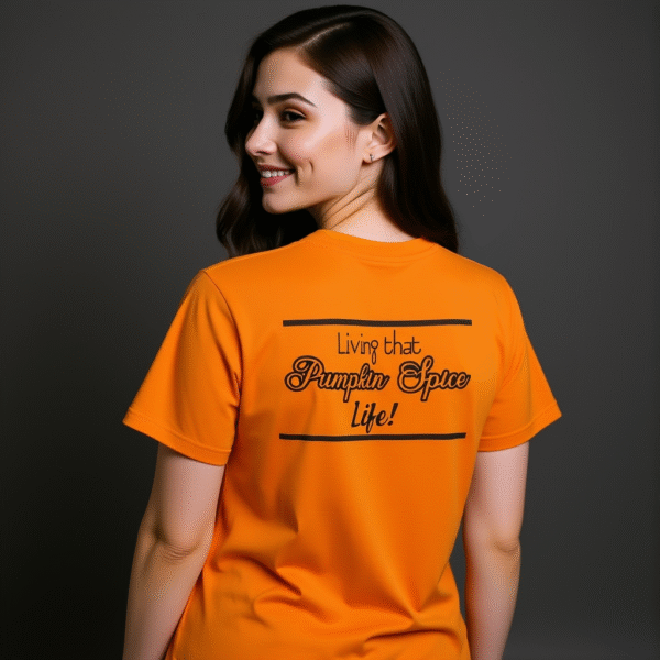A woman in an orange Halloween shirt. Pumpkin Spice Life.