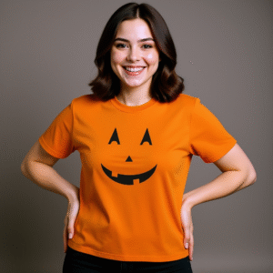 A woman wearing an orange t-shirt, a pumpkin face on the front and "Living that Pumpkin Spice Life!" on the back