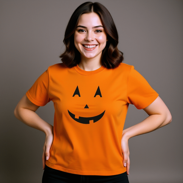A woman wearing an orange t-shirt, a pumpkin face on the front and "Living that Pumpkin Spice Life!" on the back